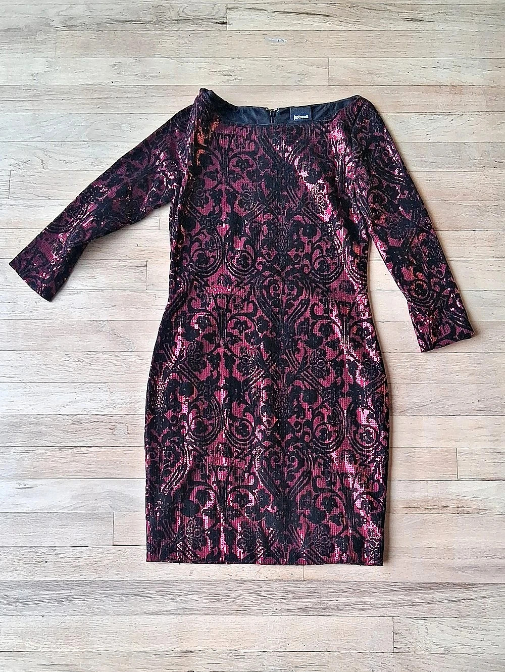 Just Cavalli Flocked Velvet & Sequin Bodycon Cocktail Dress Black & Pink Size 44